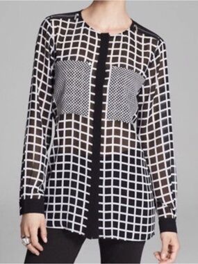 Michael Kors Window Pane Checkered Semi Sheer Long Sleeve Blouse